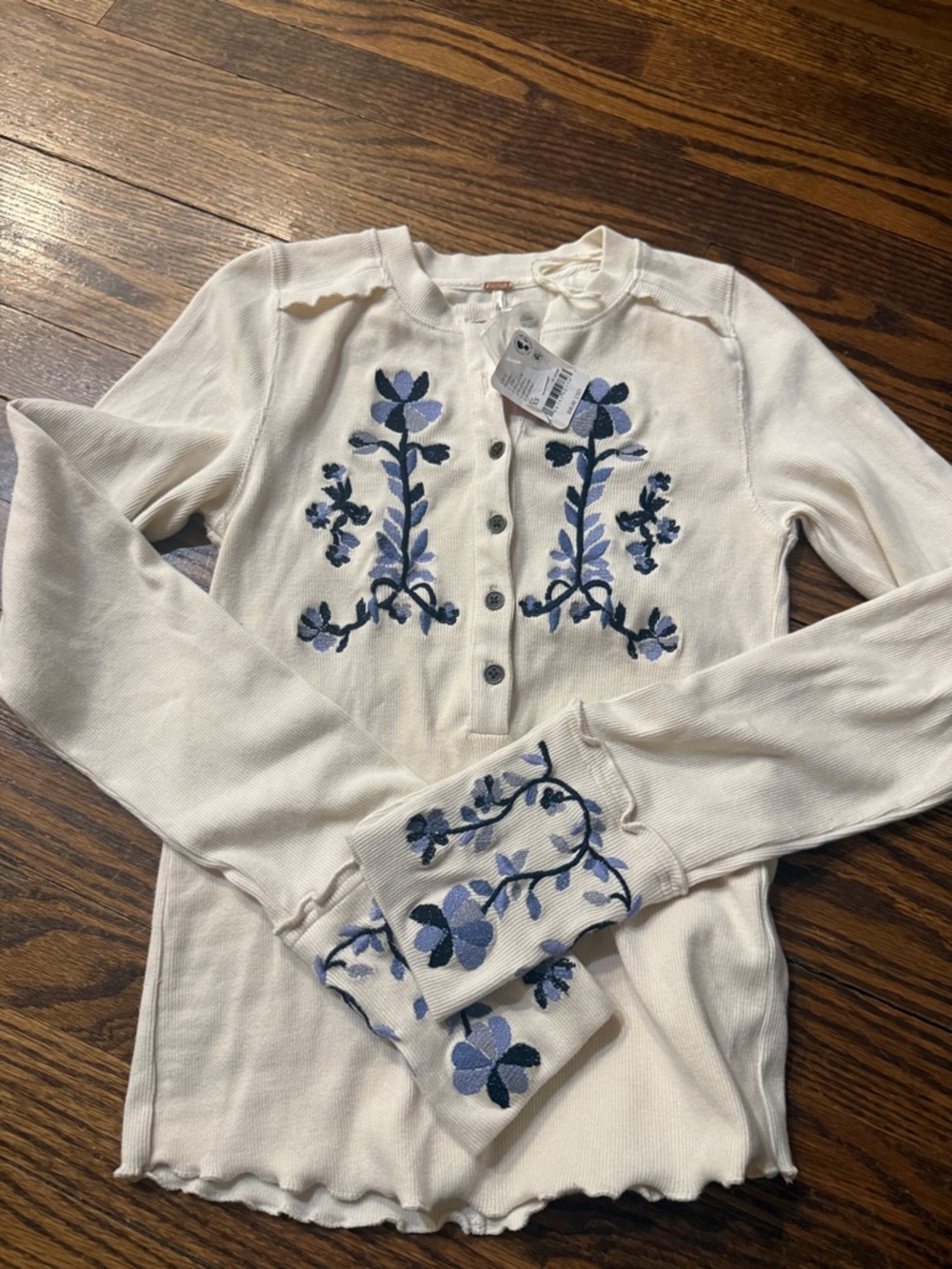 Free People Fleur Embroidered Henley Cuff Top in Tea Cookie - Picture 8 of 8